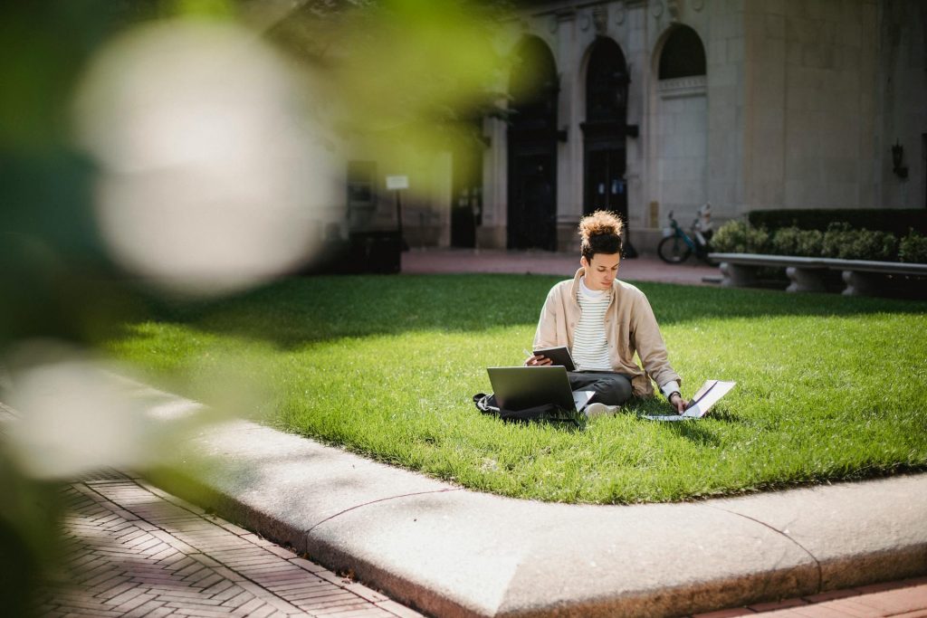 college student on lawn